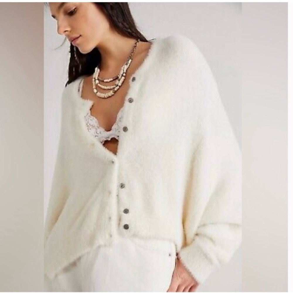Free People One Wyatt White Cream Fuzzy Cardigan Sweater